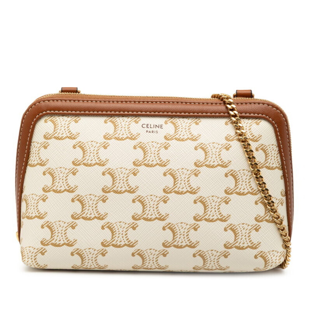 Celine Triomphe Chain Shoulder Bag White Brown Leather